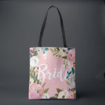 Bruid geborsteld Bloemen Trouwfeest Roze Tote Bag<br><div class="desc">Aangepaste kleur achtergrond en all-over afdrukken met geschilderde bloemenranden. Bruid in penseelscript aan de ene kant en naam aan de achterkant. Aanpassen om de achtergrondkleur (roze) te wijzigen. De prachtige geverfde bloemen zijn van Creëer the Cut. Vind ze op Creative Market https://crmrkt.com/7WdAX,  Etsy https://www.etsy.com/shop/CreateTheCut en www.createthecut.com</div>
