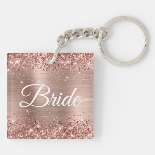 Bruid Glitterige Roze Goud Fancy Monogram Sleutelhanger (Achterkant)