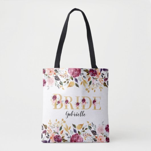 Bruid Goud Bourgondi Roze Bloemige Bruiloft Tote Bag (Voorkant)