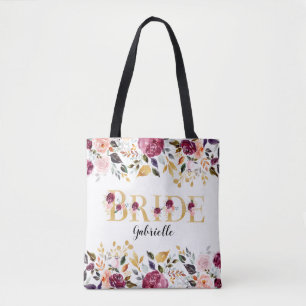 Bruid Goud Bourgondië Blush Bloemige Trouwdag Tote Bag