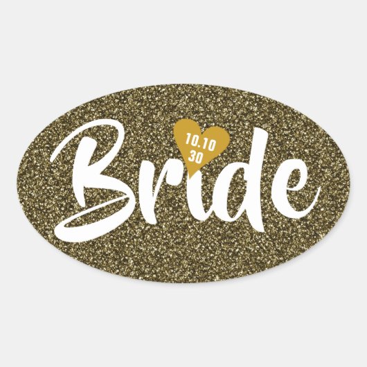 Bruid Goud Datum Hart Glitters Gepersonaliseerd Ovale Sticker (Voorkant)