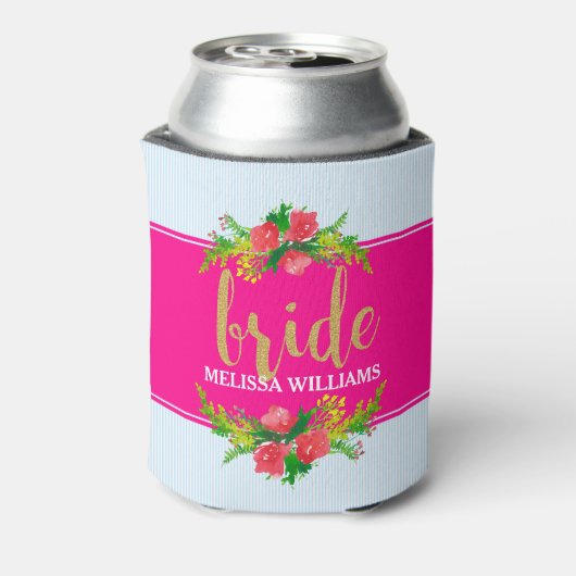 Bruid-gouden tekst, bloemboeket op heet roze & bla blikjeskoeler (Blikje Achterkant)