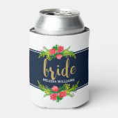 Bruid-gouden tekst, bloemboeket op wit & blauw blikjeskoeler (Blikje Voorkant)