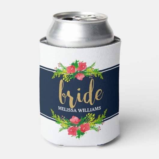 Bruid-gouden tekst, bloemboeket op wit & blauw blikjeskoeler (Blikje Voorkant)