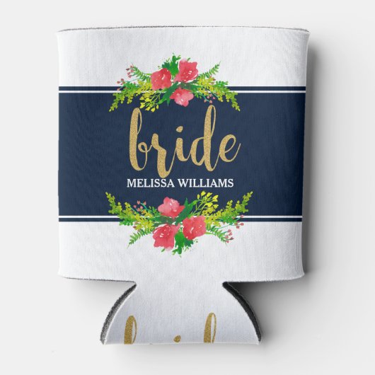 Bruid-gouden tekst, bloemboeket op wit & blauw blikjeskoeler (Voorkant)