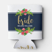 Bruid-gouden tekst, bloemboeket op wit & blauw blikjeskoeler (Achterkant)