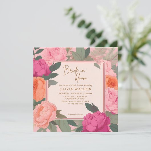 Bruid in bloei roze en gouden bloemig vrijgezellen kaart (Staand voorkant)