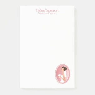 Bruid in een witte trouwjurk met een boeket post-it® notes