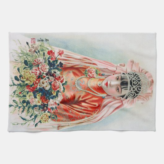 Bruid in het rood op Chinese bruiloft in Shanghai Theedoek (Horizontaal)