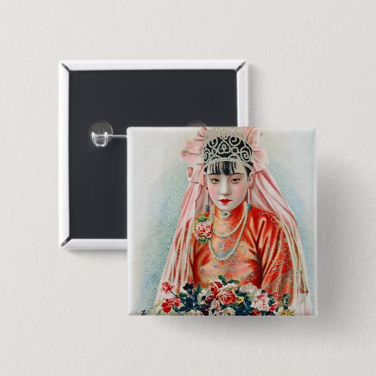 Bruid in het rood op Chinese bruiloft in Shanghai Vierkante Button 5,1 Cm (Voorkant /achterkant)