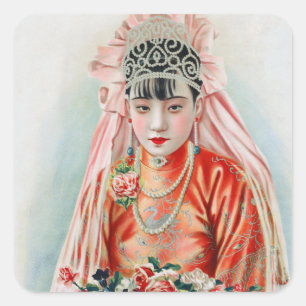 Bruid in het rood op een Chinese bruiloft in Shang Vierkante Sticker