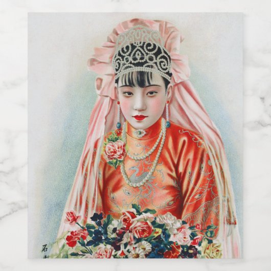 Bruid in het rood op een Chinese bruiloft in Shang Wijn Etiket (Enkel label)