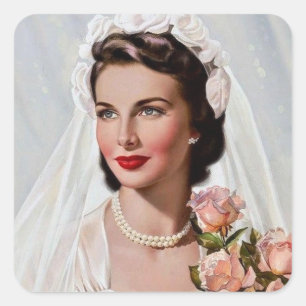 Bruid in vintage stijl met roze rozen vierkante sticker