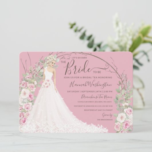 Bruid in witte jurk bruids thee douche kaart (Staand voorkant)