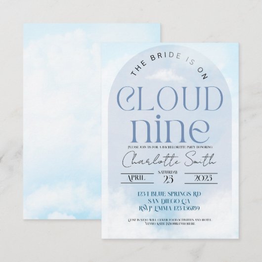 Bruid is op cloud negen vrijgezellenfeest uitnodig kaart (Voorkant / Achterkant)