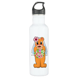 Bruid met bloemen in berengedaante waterfles 