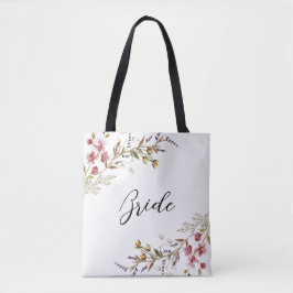 Bruid met herfstbloemen in elegante script tote bag