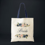 Bruid met marine en roze bloemen tote bag<br><div class="desc">Een prachtige bloemige bruidstas. Deze heeft marineblauwe en roze bloemen en je kan de tekst en kleuren personaliseren.</div>