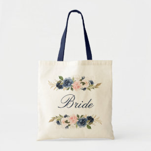 Bruid met marineblauw en blosroze bloemen tote bag
