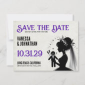 Bruid met voodoopop bruidegom save the date (Voorkant)