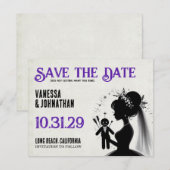 Bruid met voodoopop bruidegom save the date (Voorkant / Achterkant)