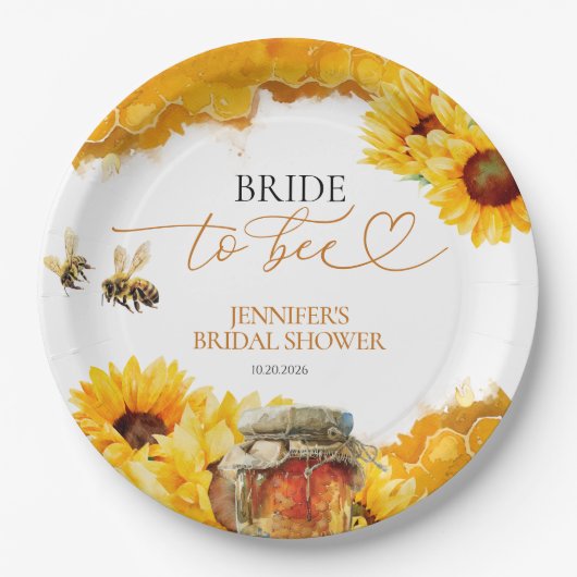 Bruid naar Bee | Waterverf Zonnebloem Vrijgezellen Papieren Bordje (Voorkant)