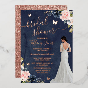 Bruid Navy Rose Goud Bloemachtige Bruiloft Feest Folie Uitnodiging