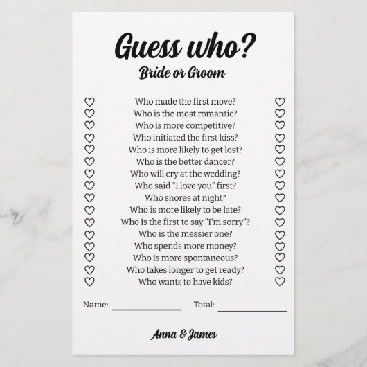 Bruid of bruidegom bruiloft gissen spel flyer (Voorkant)