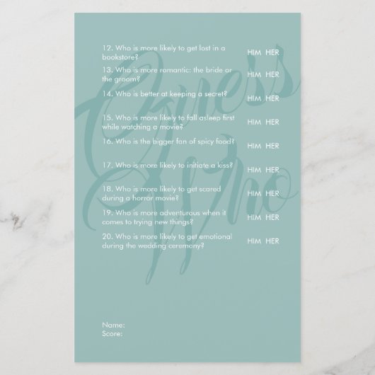 Bruid of bruidegom Sage Groen Bruiloft Bruids Spel (Achterkant)