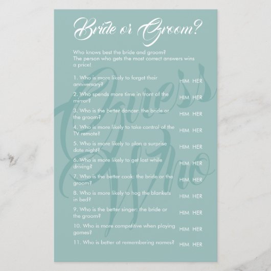 Bruid of bruidegom Sage Groen Bruiloft Bruids Spel (Voorkant)