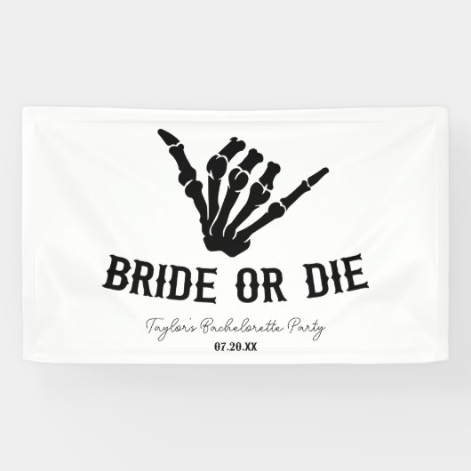Bruid of Die Rockstar Skelet Bachelorette Party Spandoek (Horizontaal)