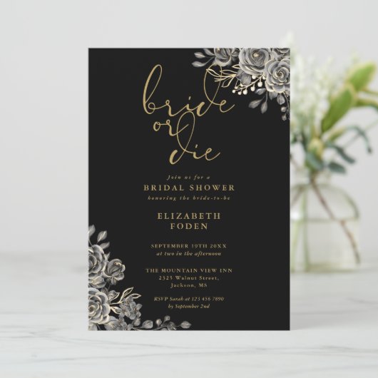 Bruid of Die Zwart en Goud Gotisch Vrijgezellenfee Kaart (Staand voorkant)