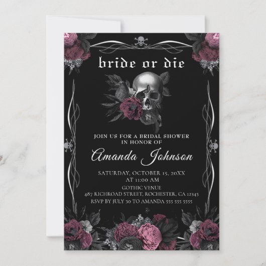 Bruid of Sterf Bordeaux Gotische Schedel Jonggezel Kaart (Voorkant)