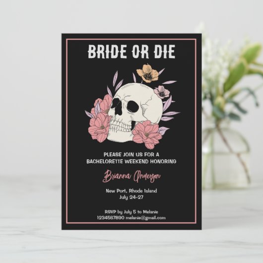 Bruid of sterven zwarte schedel bachelorette weeke kaart (Staand voorkant)