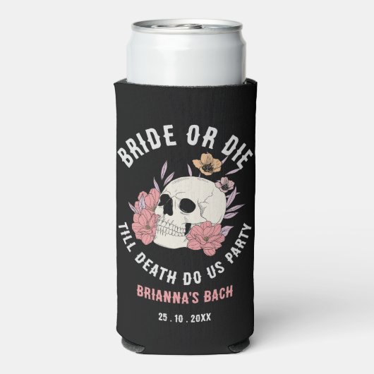Bruid of sterven zwarte schedel vrijgezellenfeest  seltzer blikjeskoeler (Seltzer Achterkant)