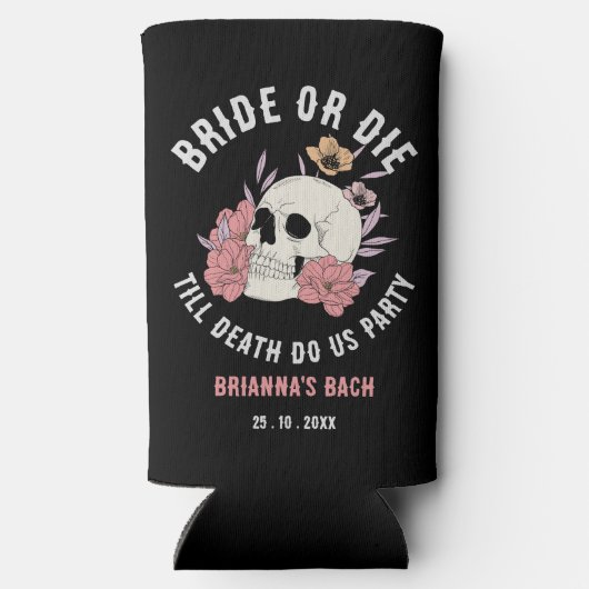 Bruid of sterven zwarte schedel vrijgezellenfeest  seltzer blikjeskoeler (Achterkant)