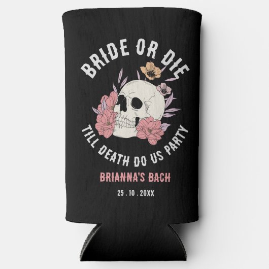 Bruid of sterven zwarte schedel vrijgezellenfeest  seltzer blikjeskoeler (Voorkant)