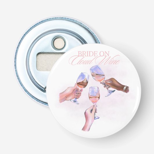 Bruid op Wijnwolk | Grappig Bruiloftsfeest Design Button Flesopener (Voorkant)