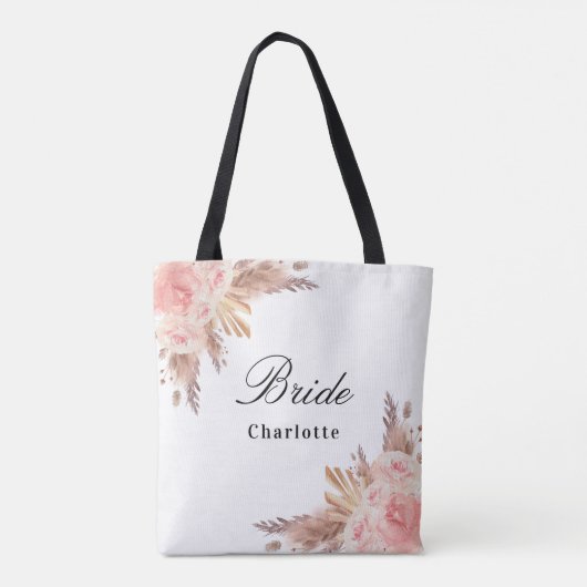 Bruid pampas gras roos gouden bloemige witte naam tote bag (Achterkant)