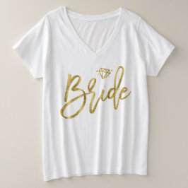 Bruid Plus-Maat V-Hals T-shirt Nep Goud Diamant