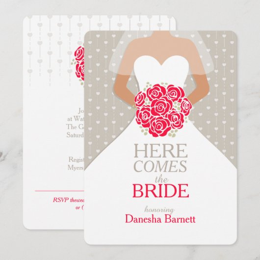 Bruid rood boeket grafisch vrijgezellenfeest uitno kaart (Voorkant / Achterkant)