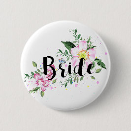 Bruid Roze Bloemige Aquarel Trouw Bruiloftsshower Ronde Button 5,7 Cm