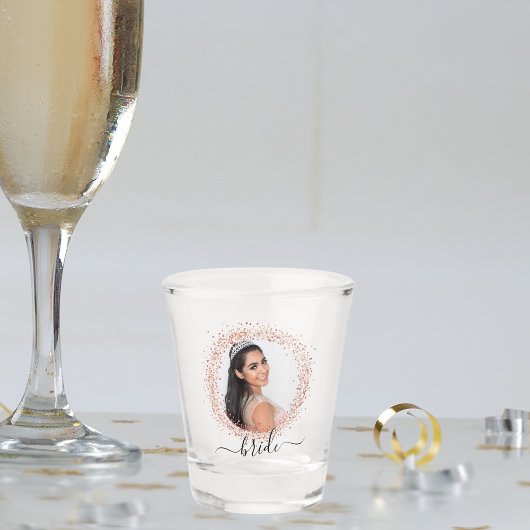 Bruid roze goud foto glitters naam script shot glas