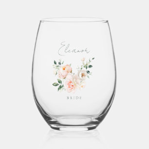Bruid Roze Pioen Waterverf Bloemen Custom Wijnglas Zonder Voet