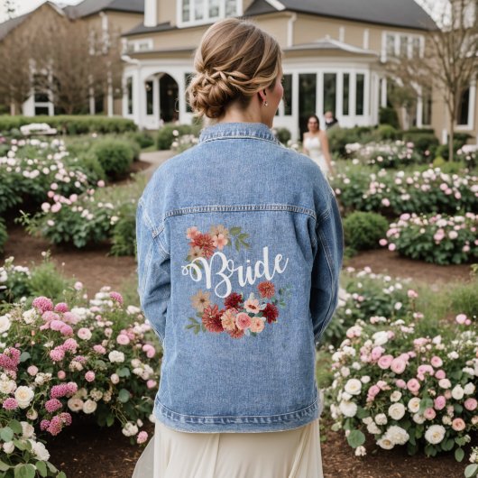 Bruid script bloemrijke chic bloemen denim jacket (Huwelijk Achterkant)