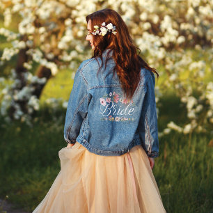 Bruid Script Chique Waterverf Wildflower Bruiloft Denim Jacket