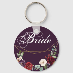 Bruid Sleutelhanger Plum Paarse Rozen Goud Geometr