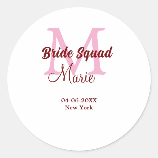 Bruid squad naam toevoegen monogram bruidsmeisje r ronde sticker (Voorkant)