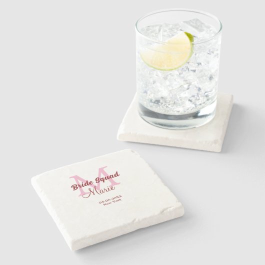 Bruid squad naam toevoegen monogram bruidsmeisje r stenen onderzetter (Zijkant)