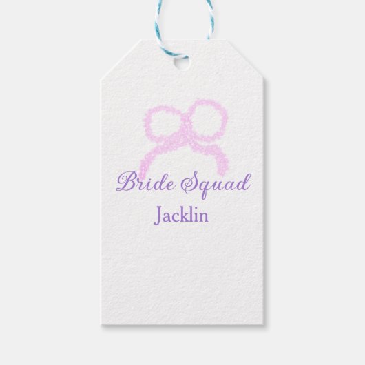 Bruid squad roze glitter boog ster bruidsmeisje na cadeaulabel (Voorkant)